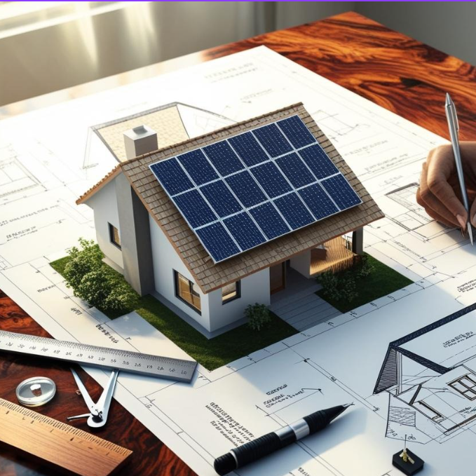 Modell eines Hauses mit Solarpanelen auf Bauplänen und Werkzeugen.