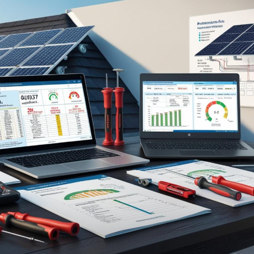 Zwei Laptops und Dokumente zeigen Solardaten und Analysen, mit Werkzeugen im Vordergrund.